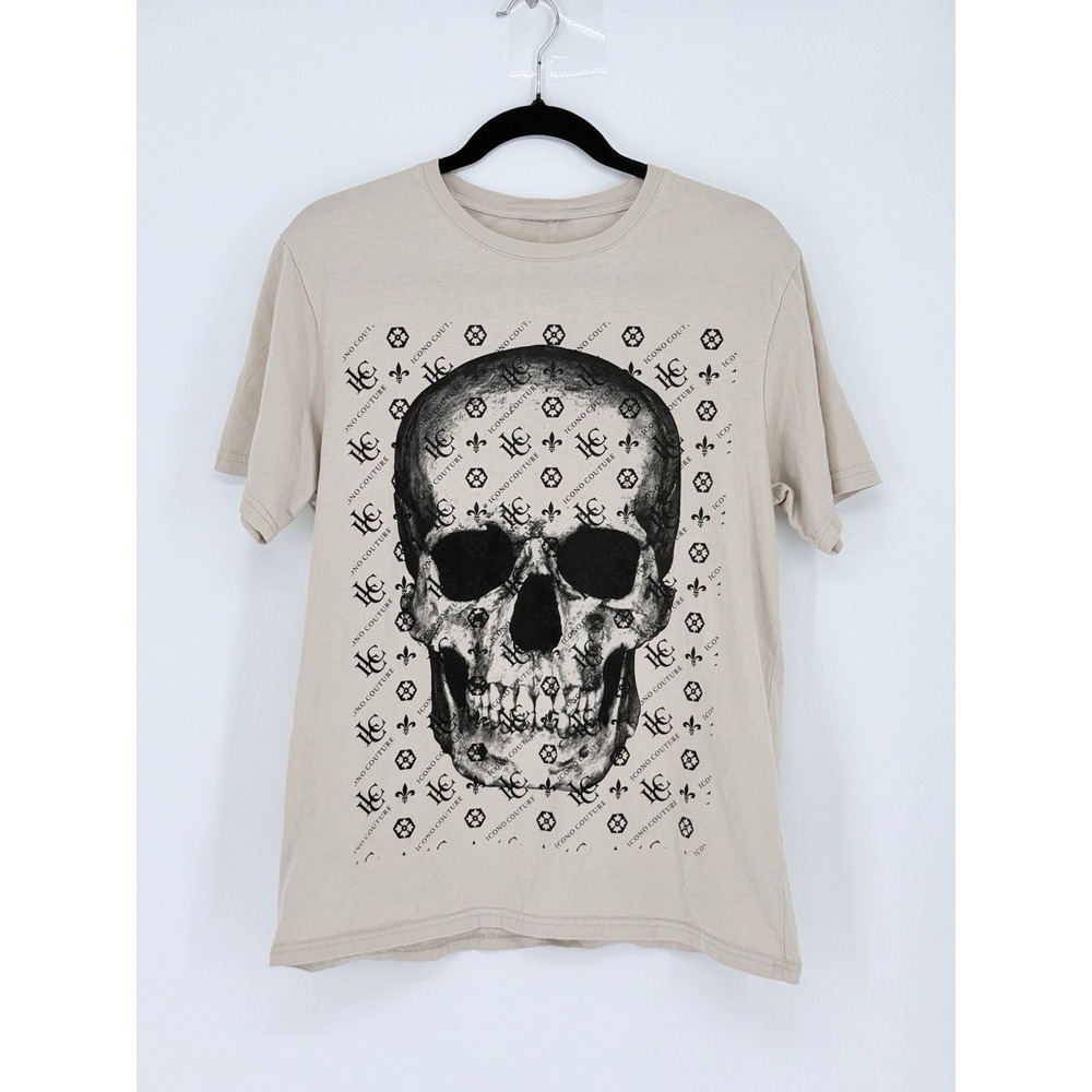 Icono Couture Skull Logo T Shirt Goth Grunge Black Tan Halloween